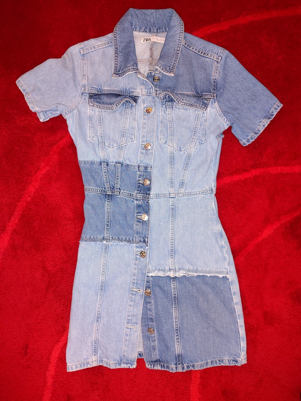 Zara Two-Tone Blue Patchwork Denim Mini Dress Sz S